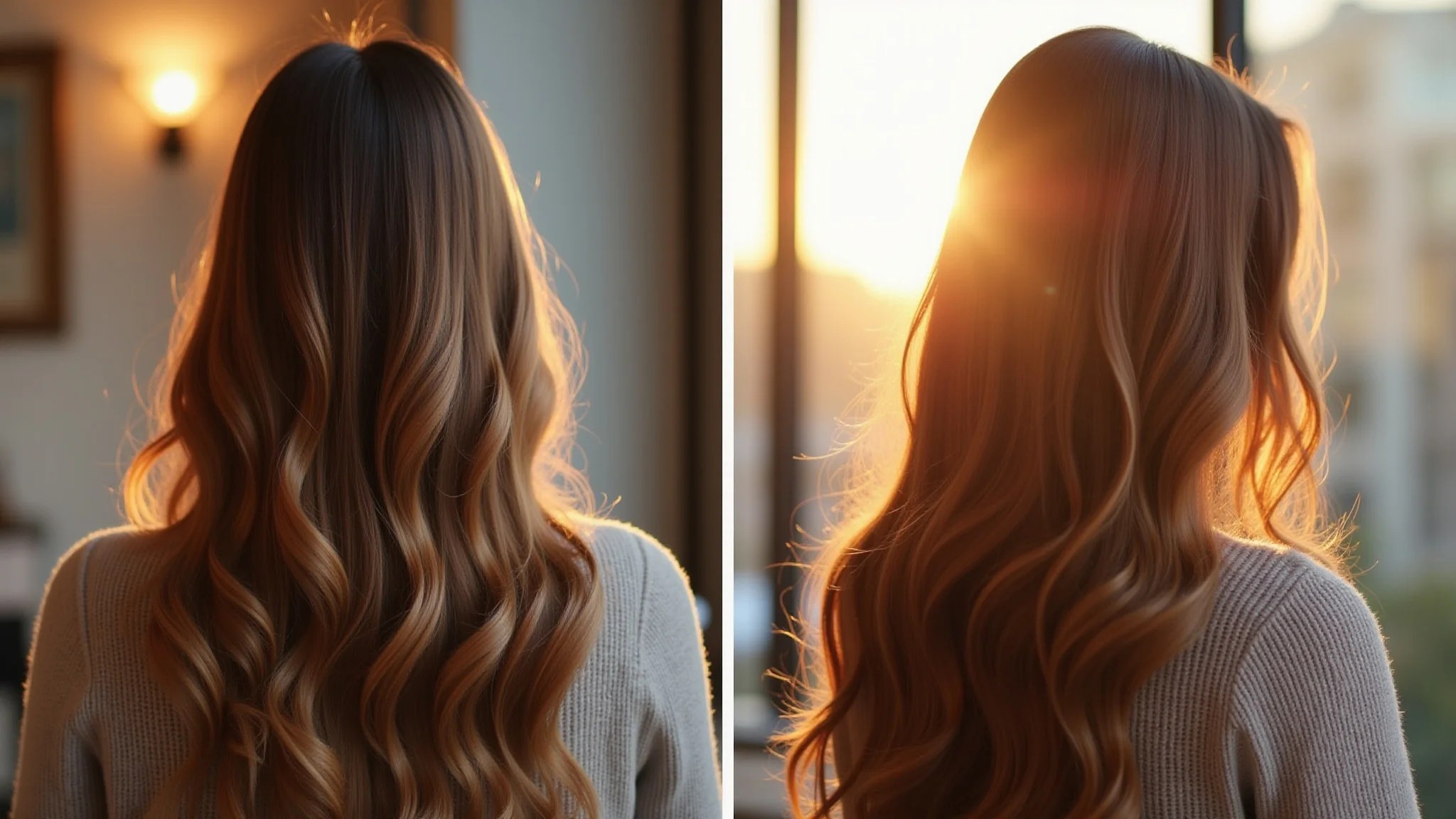 Antes e depois do tratamento de selagem capilar, mostrando cabelo saudável e brilhante.