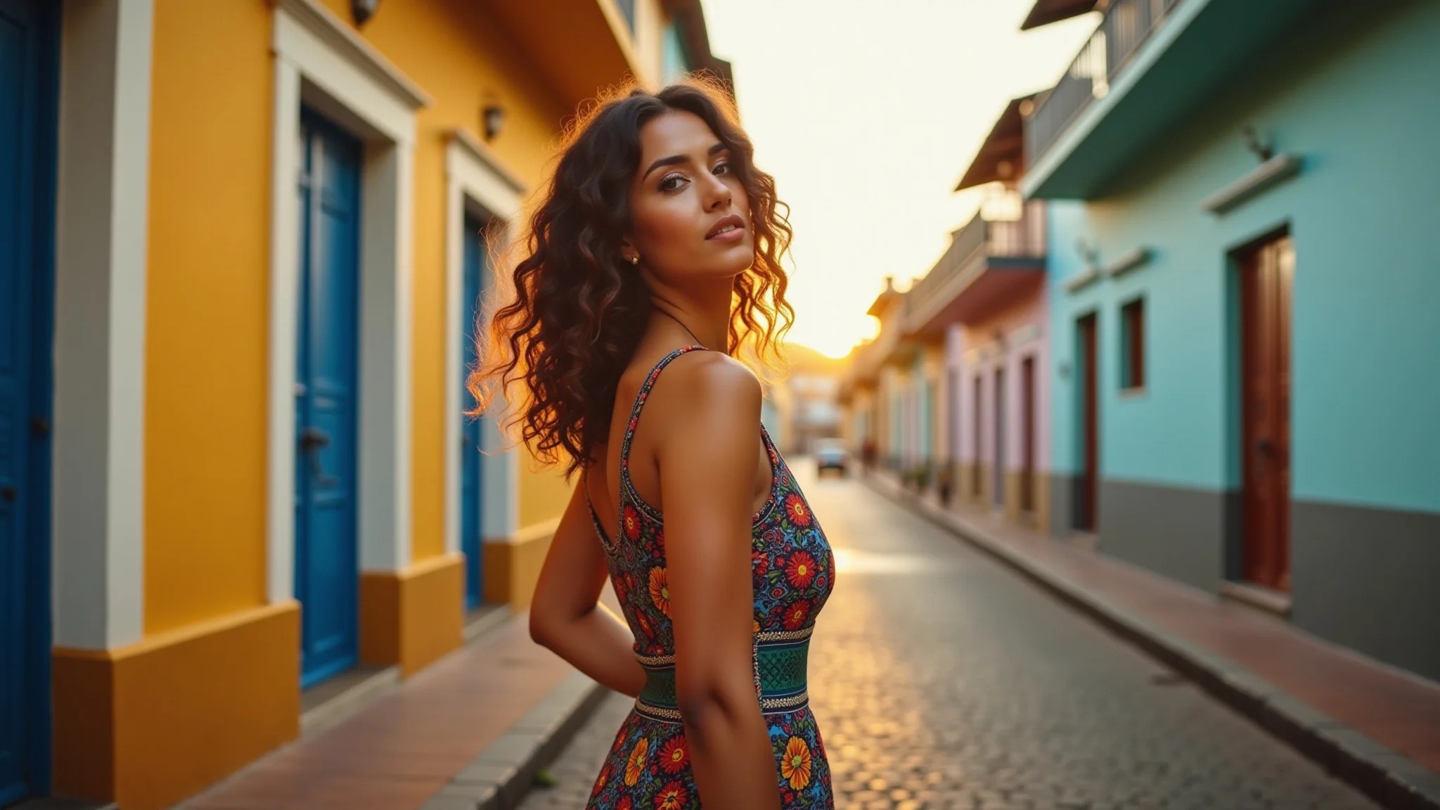 Mulher em Salvador, Bahia, esbanjando alegria e cores em foto vibrante.