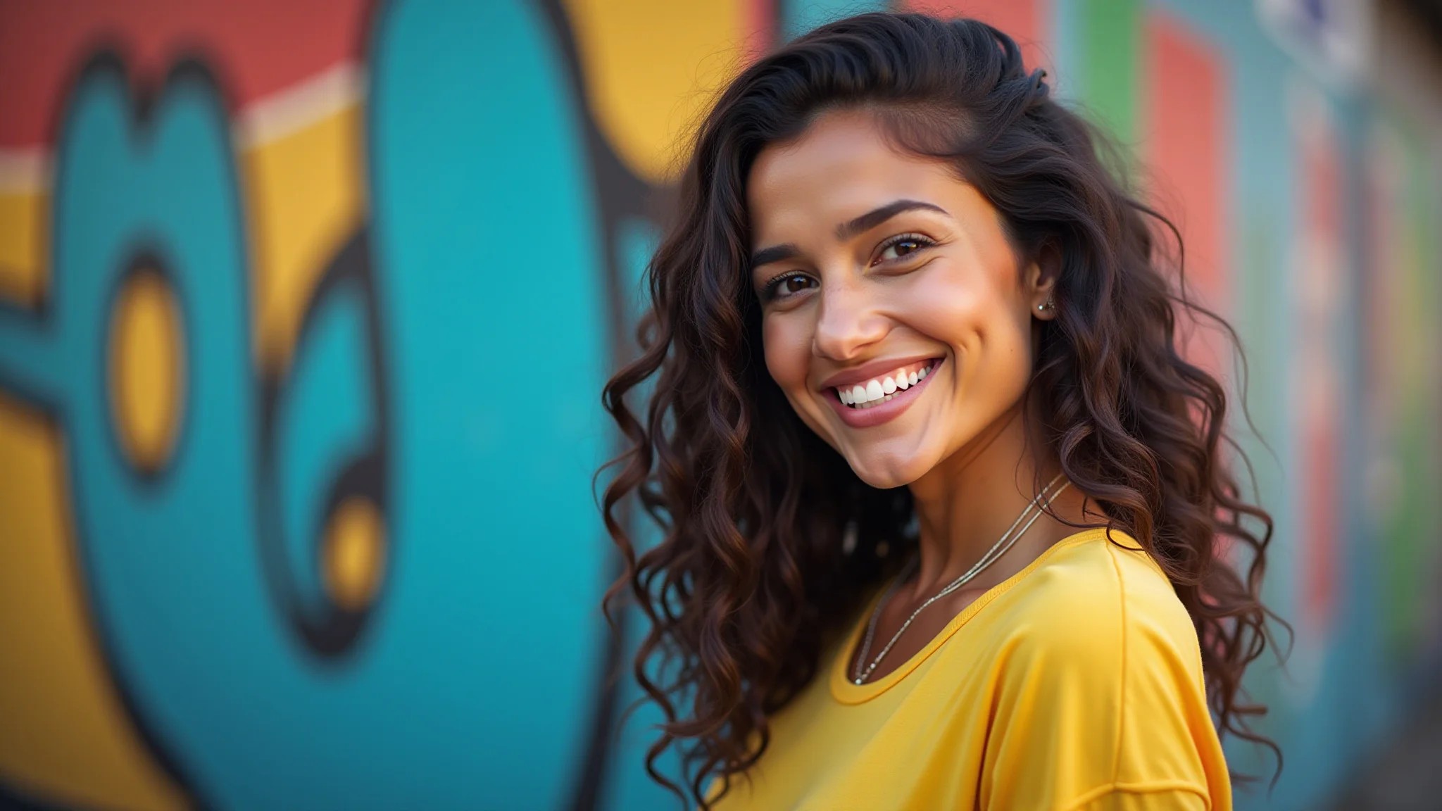 Mulher sorrindo em frente a um muro de grafite colorido em São Paulo.