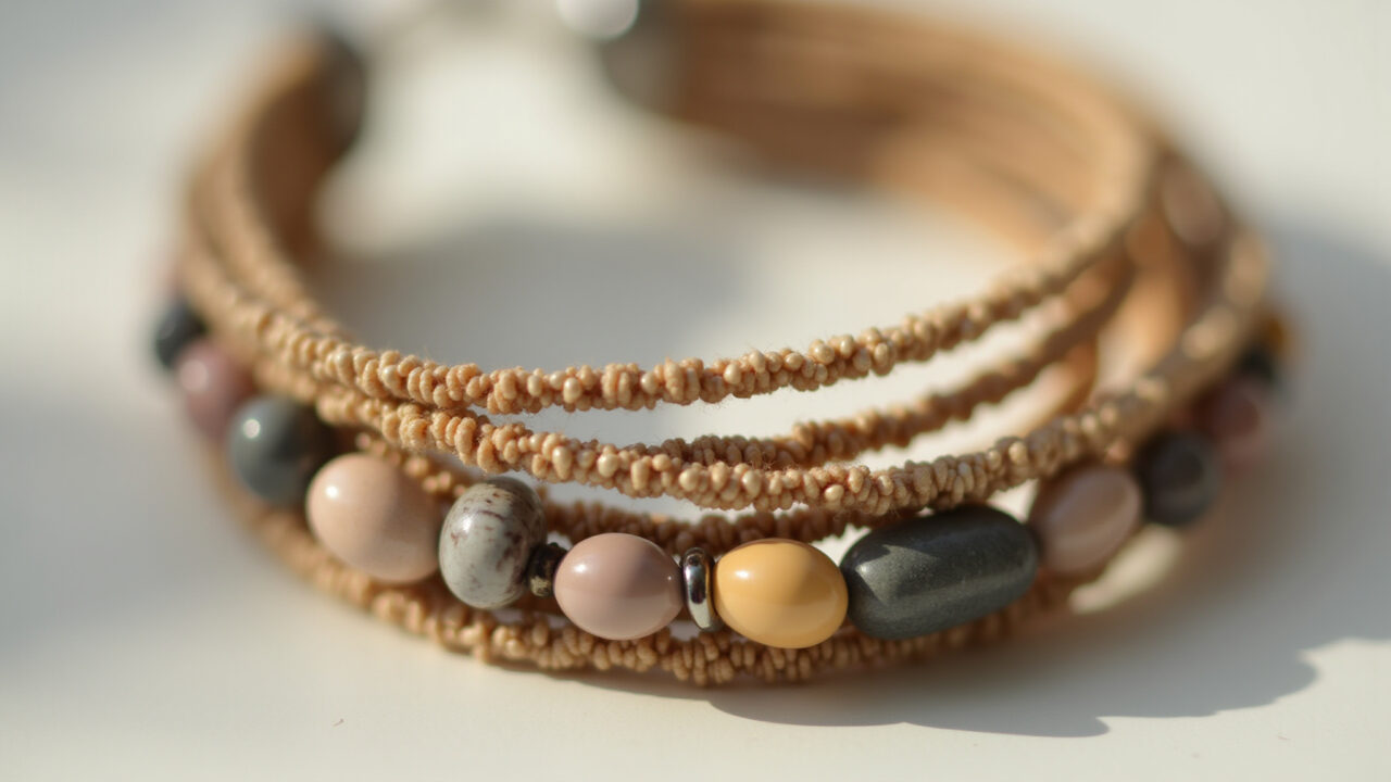 Commercial photography, close-up of a beaded bracelet with natural stone accents, sharp focus, Pulseira de miçanga com detalhes em pedras naturais.