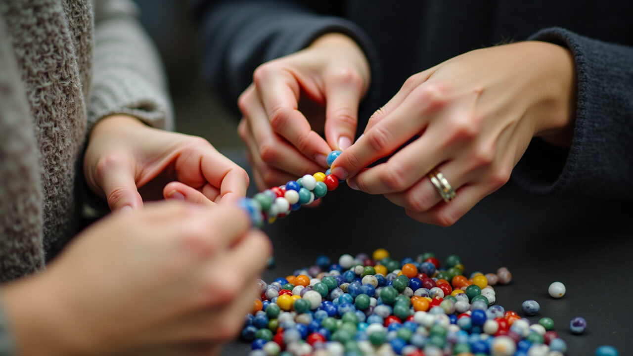 Commercial photography, close-up of hands stringing colorful glass beads onto a bracelet, sharp Mãos criando pulseira de miçangas de vidro coloridas.