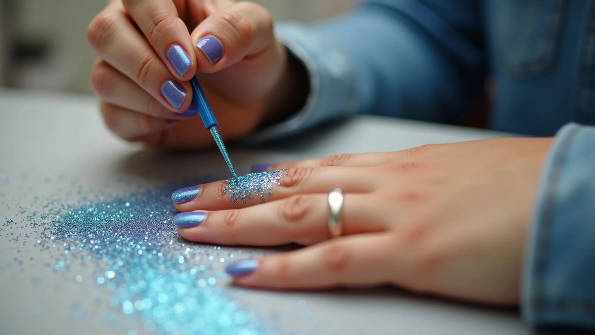 Close-up de mãos aplicando esmalte com glitter e efeito holográfico.