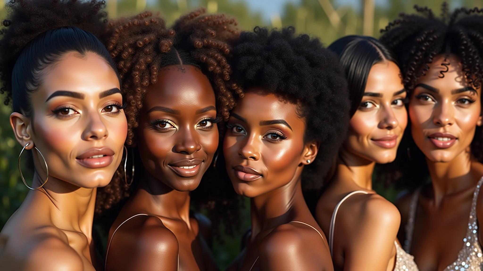 Mulheres brasileiras diversas com maquiagens glamourosas de Réveillon.