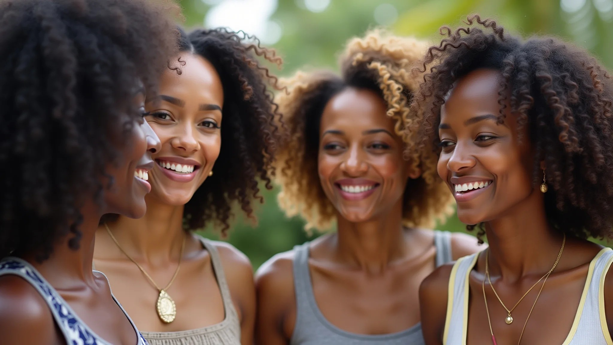 Grupo de mulheres brasileiras cacheadas discutindo produtos para cabelo.