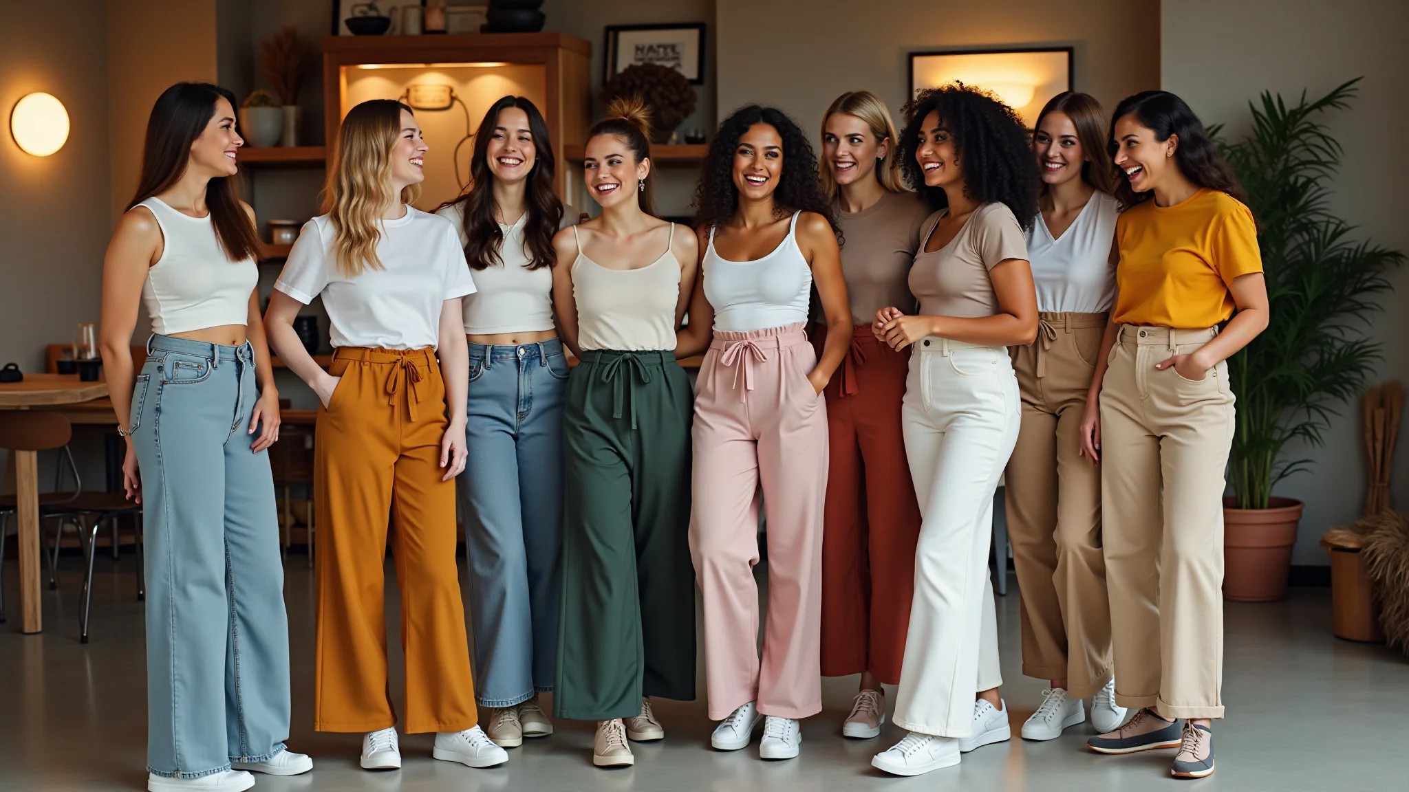 Grupo diverso de mulheres com calças pantalonas e tênis em ambiente interno iluminado.