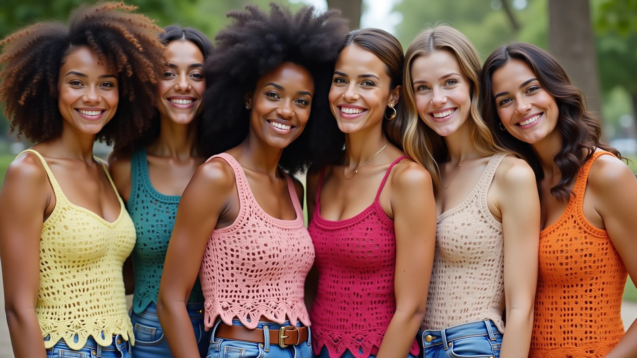 Grupo diverso de mulheres usando blusas de crochê coloridas e estilosas.
