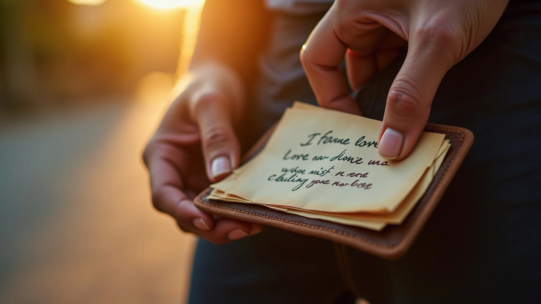 Bilhete de amor escondido na carteira de um homem brasileiro.