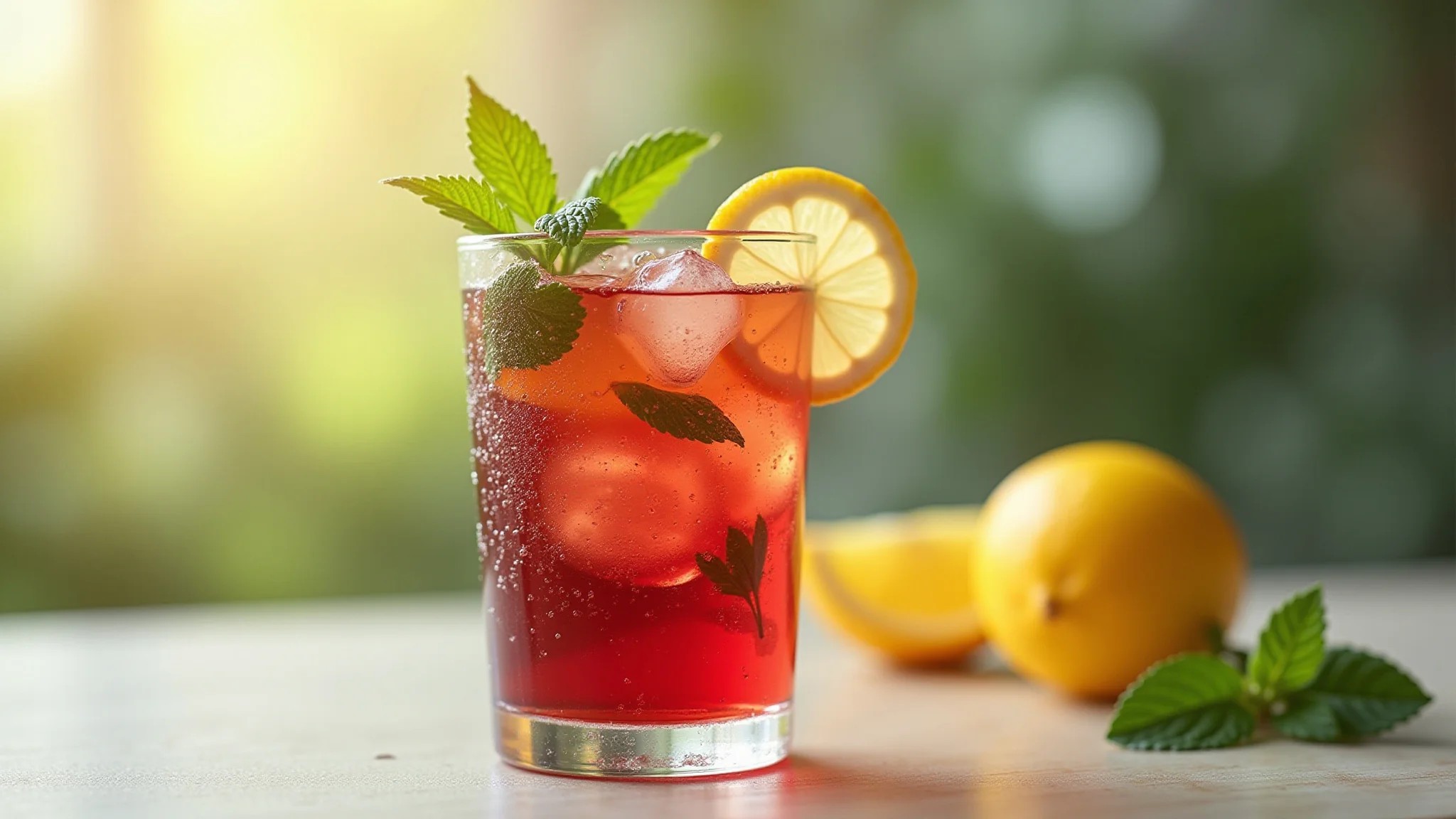 Chá gelado de hibisco com limão e hortelã em copo com gelo.