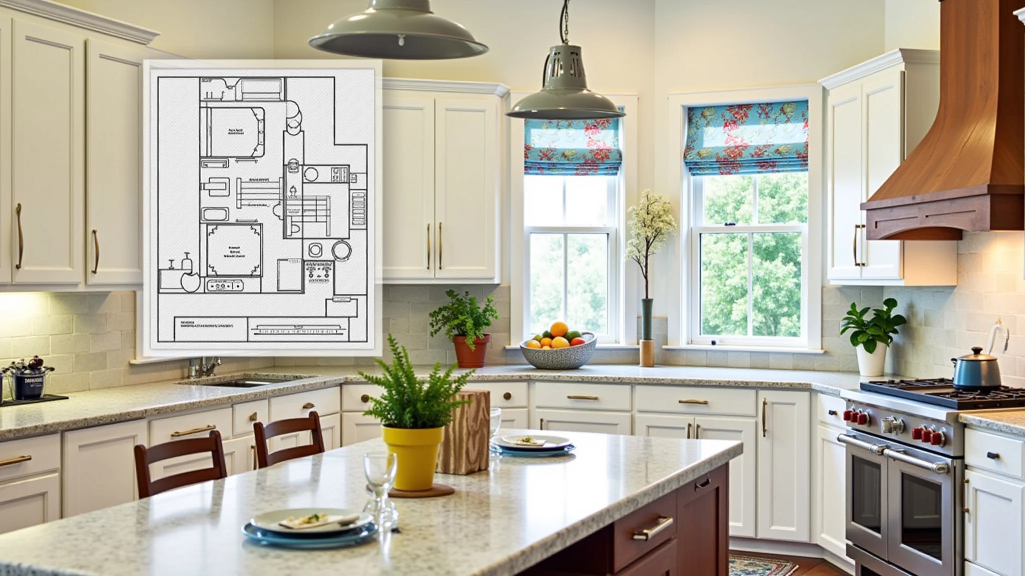 Planta baixa com opções de layout de móveis em cozinha com design brasileiro.