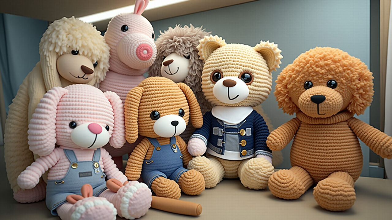 Commercial photography, multiple amigurumis (wholesale), different designs, organized display, Amigurumis em atacado para revenda.