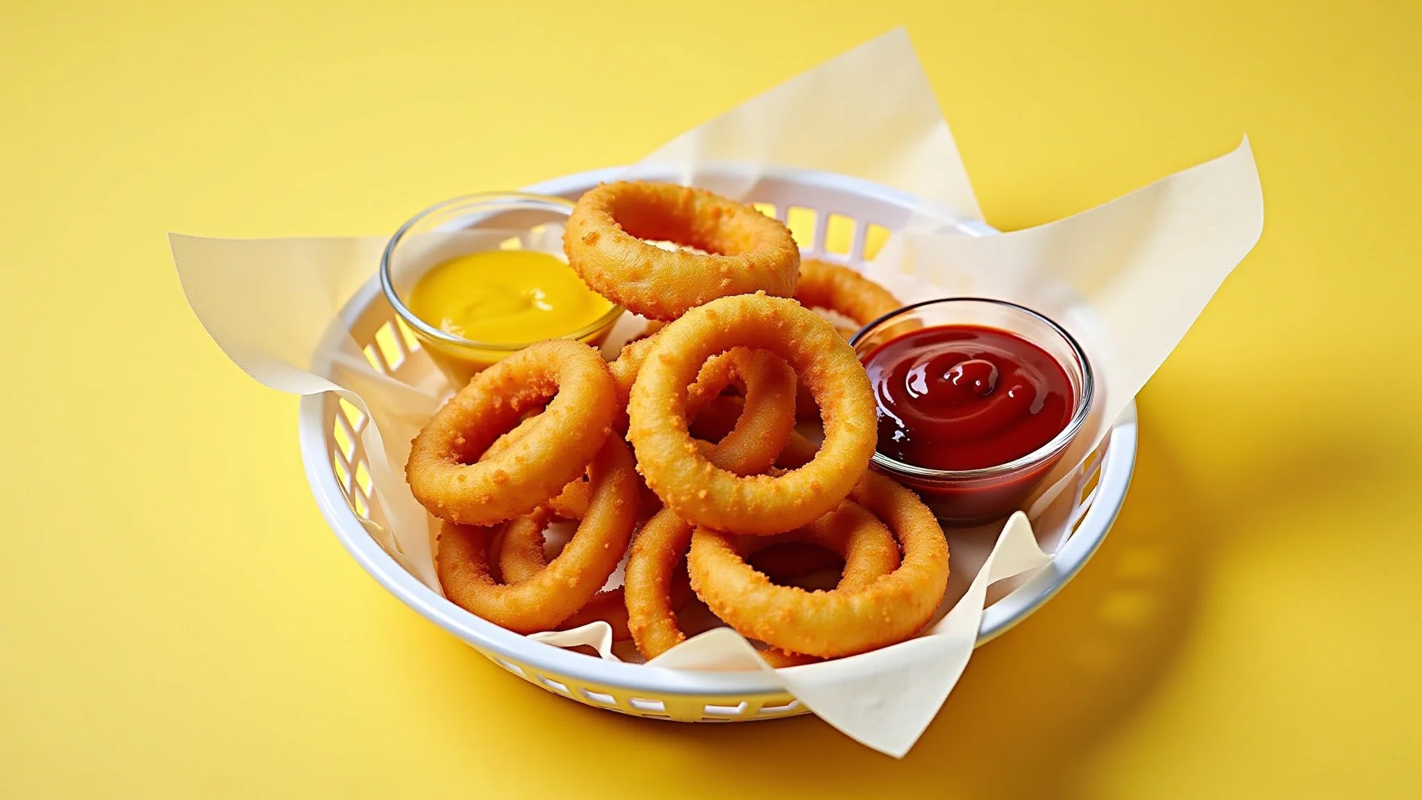 Cesta cheia de anéis de cebola dourados com ketchup e mostarda.
