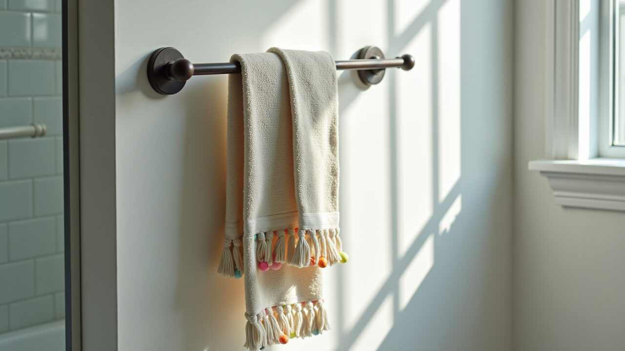 Commercial photography of a bathroom with a towel rack holding a towel with macrame and colorful Toalha com macramê e contas coloridas pendurada em um banheiro.