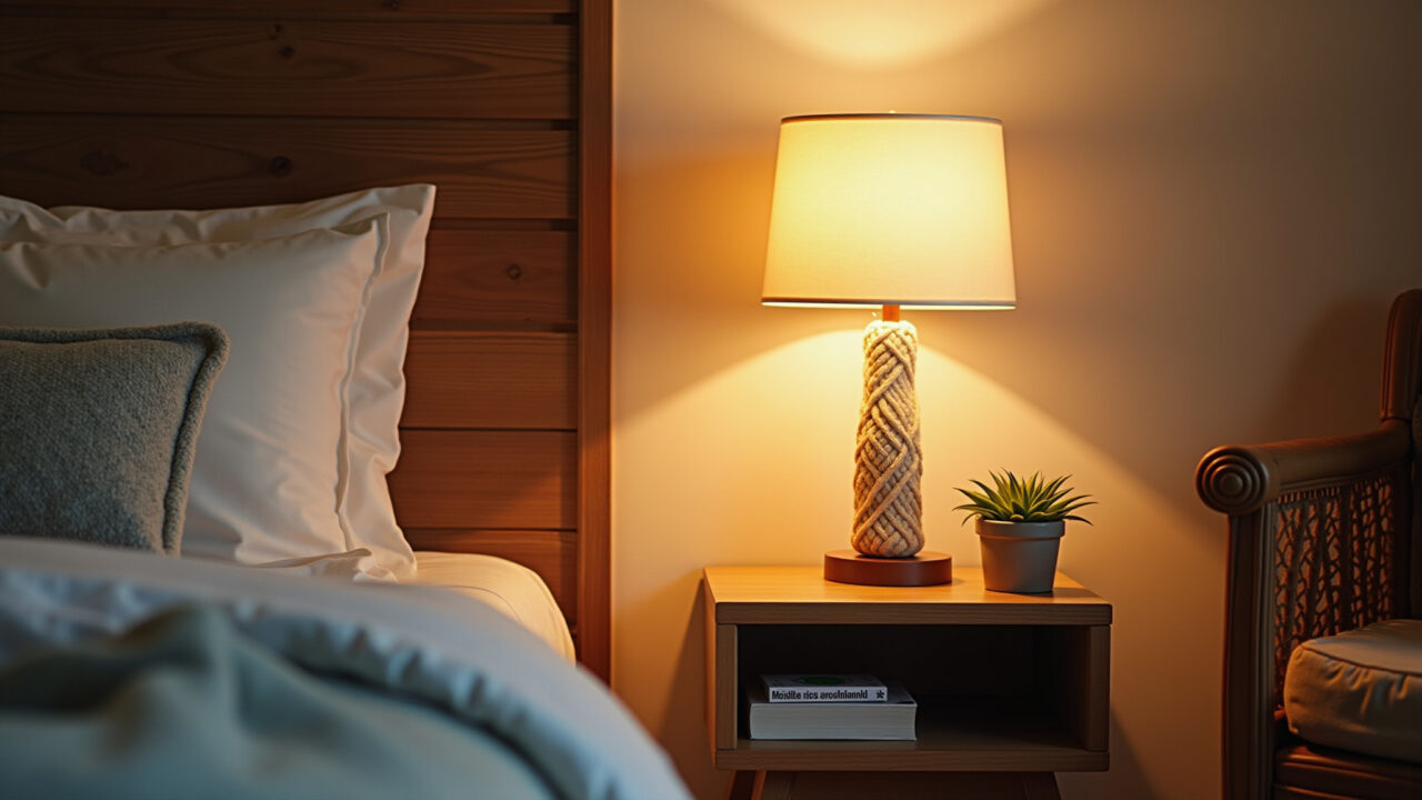 Commercial photography of a bedroom with a macrame lamp casting a warm and inviting glow, cozy Quarto com luminária de macramê criando um ambiente acolhedor.