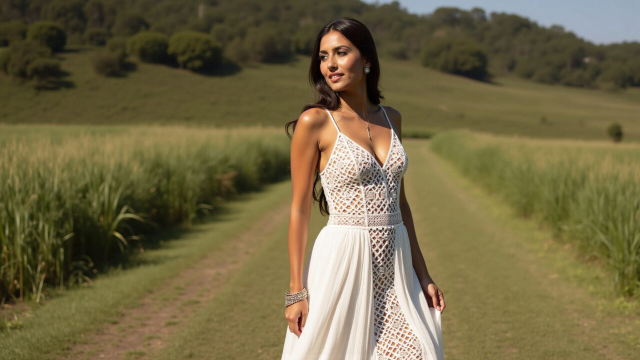 Mulher boho chic usando vestido longo de macramê em casamento ao ar livre em Minas Gerais.