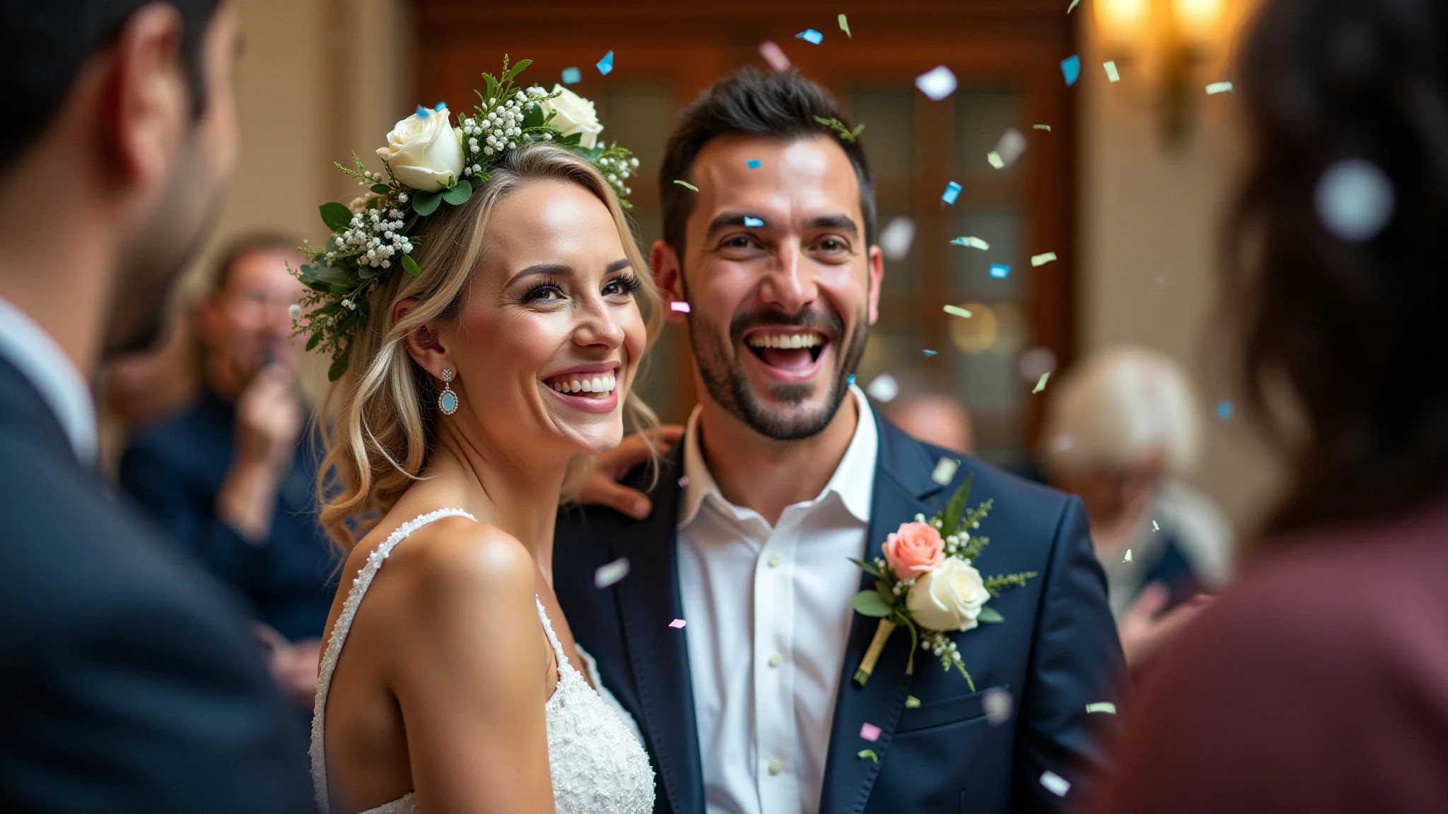 Casal LGBTQIA+ brasileiro celebrando o casamento civil com confetes.