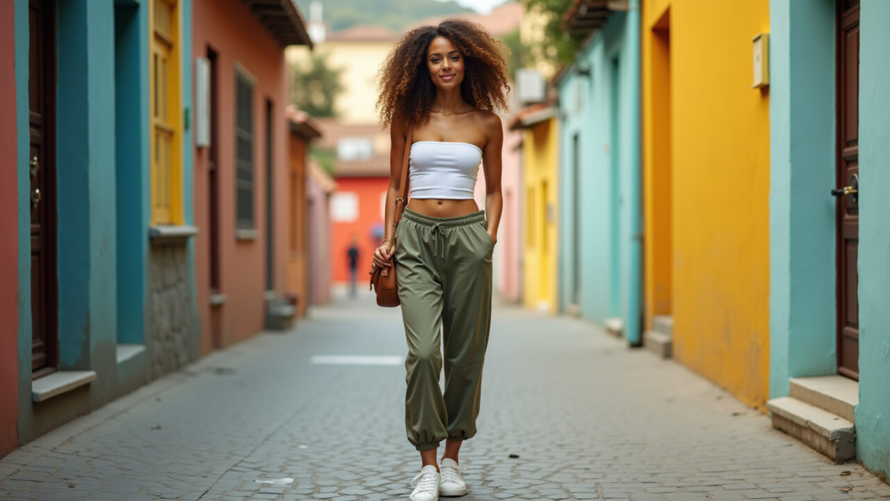 Mulher com calça slouchy e cropped em cenário urbano.