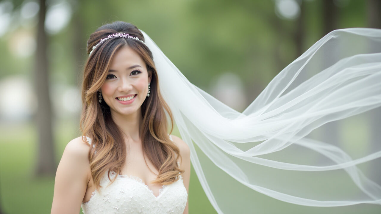 Commercial photography of a bride with long straight hair and a flowing veil attached at the crown, Penteado com véu para cabelo longo e liso.