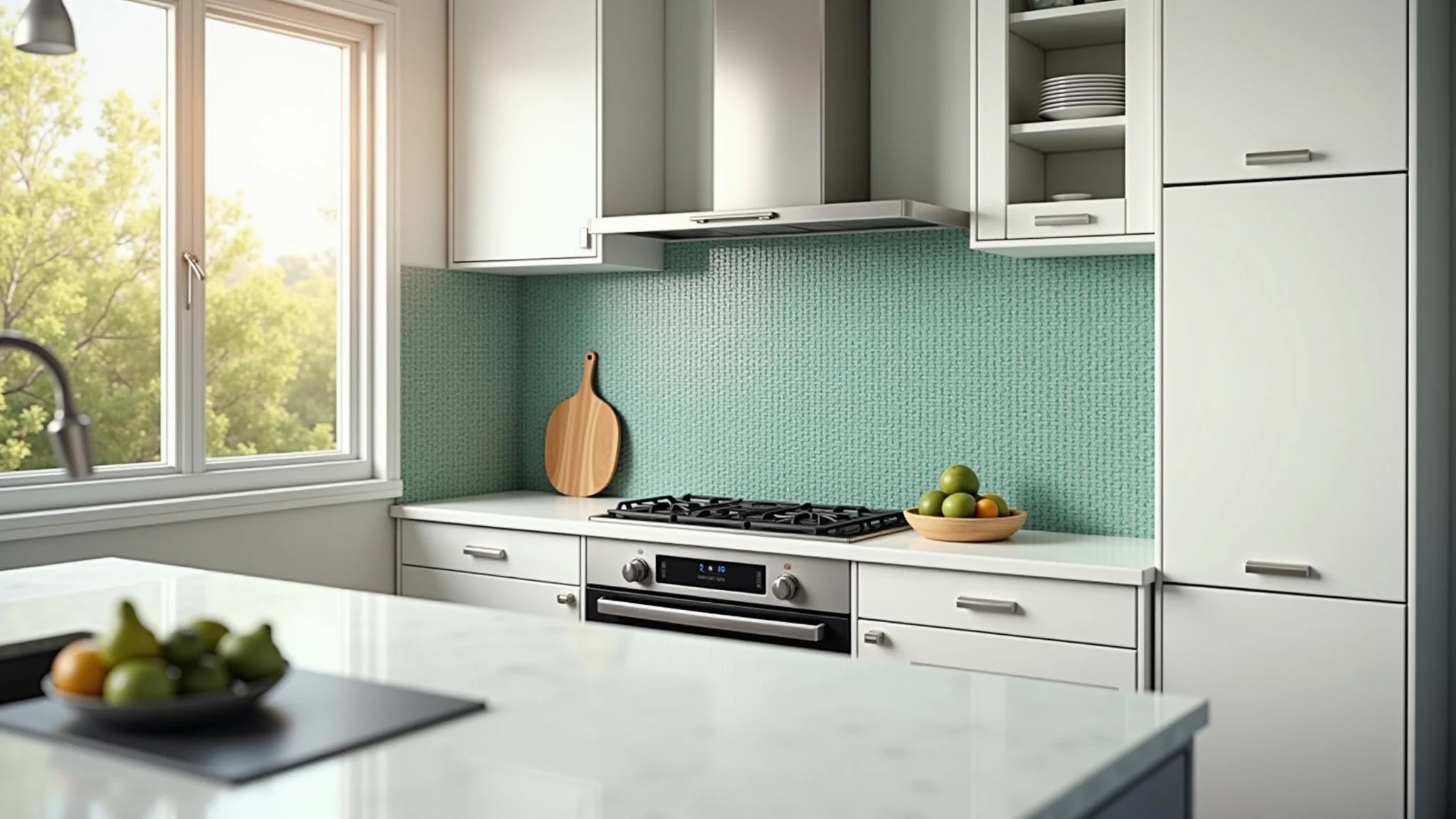Cozinha brasileira clara com pastilhas de vidro no backsplash.