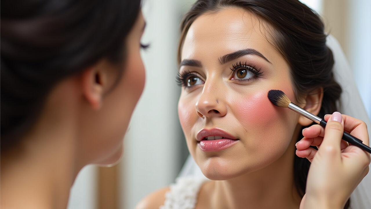 Commercial photography of a brunette bride applying blush, healthy glow, rosy or peach tone, Noiva morena aplicando blush para um toque de saúde na maquiagem.