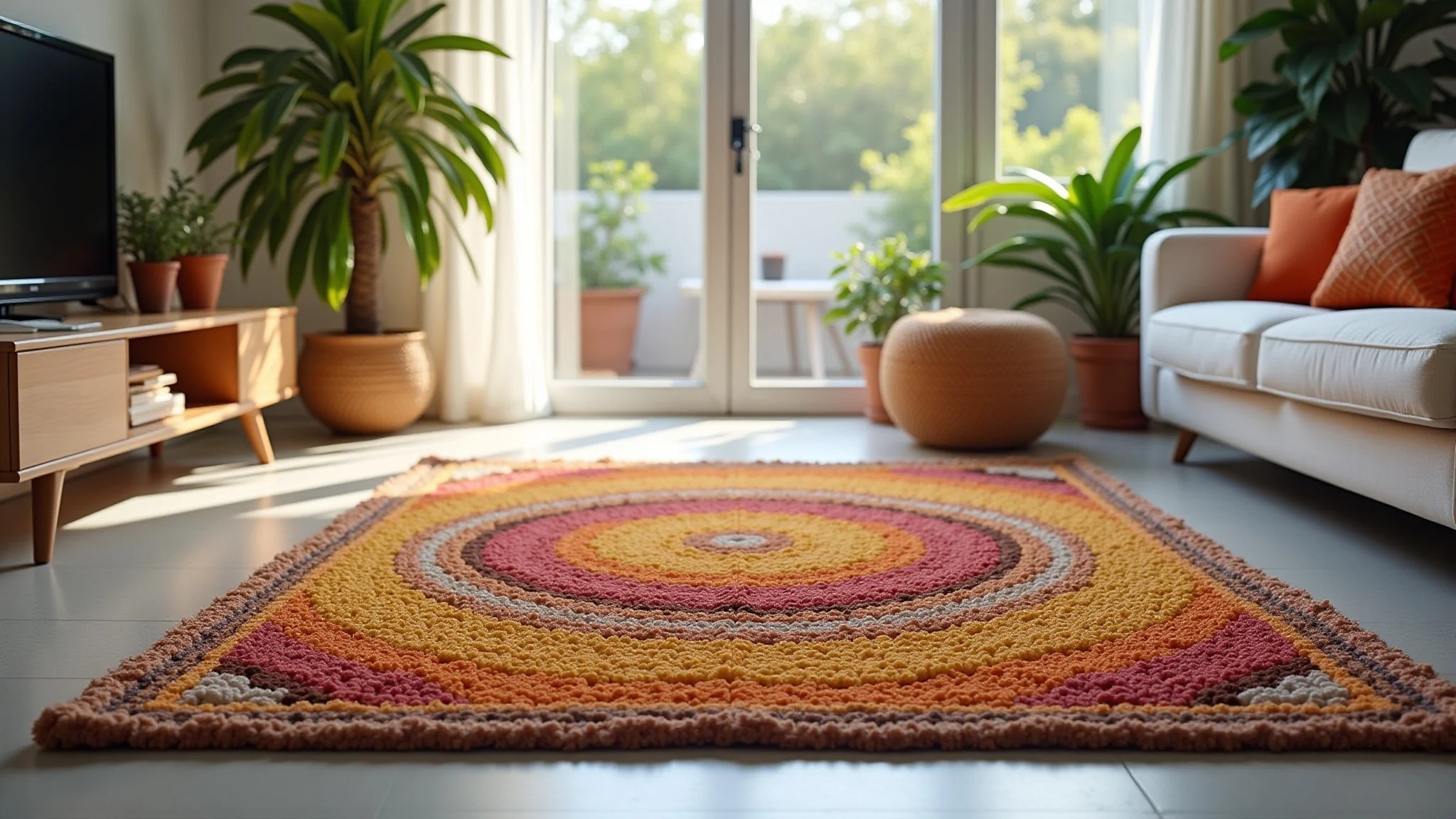 Tapete limpo e colorido na sala de estar, iluminação natural, decoração estilo brasileiro.