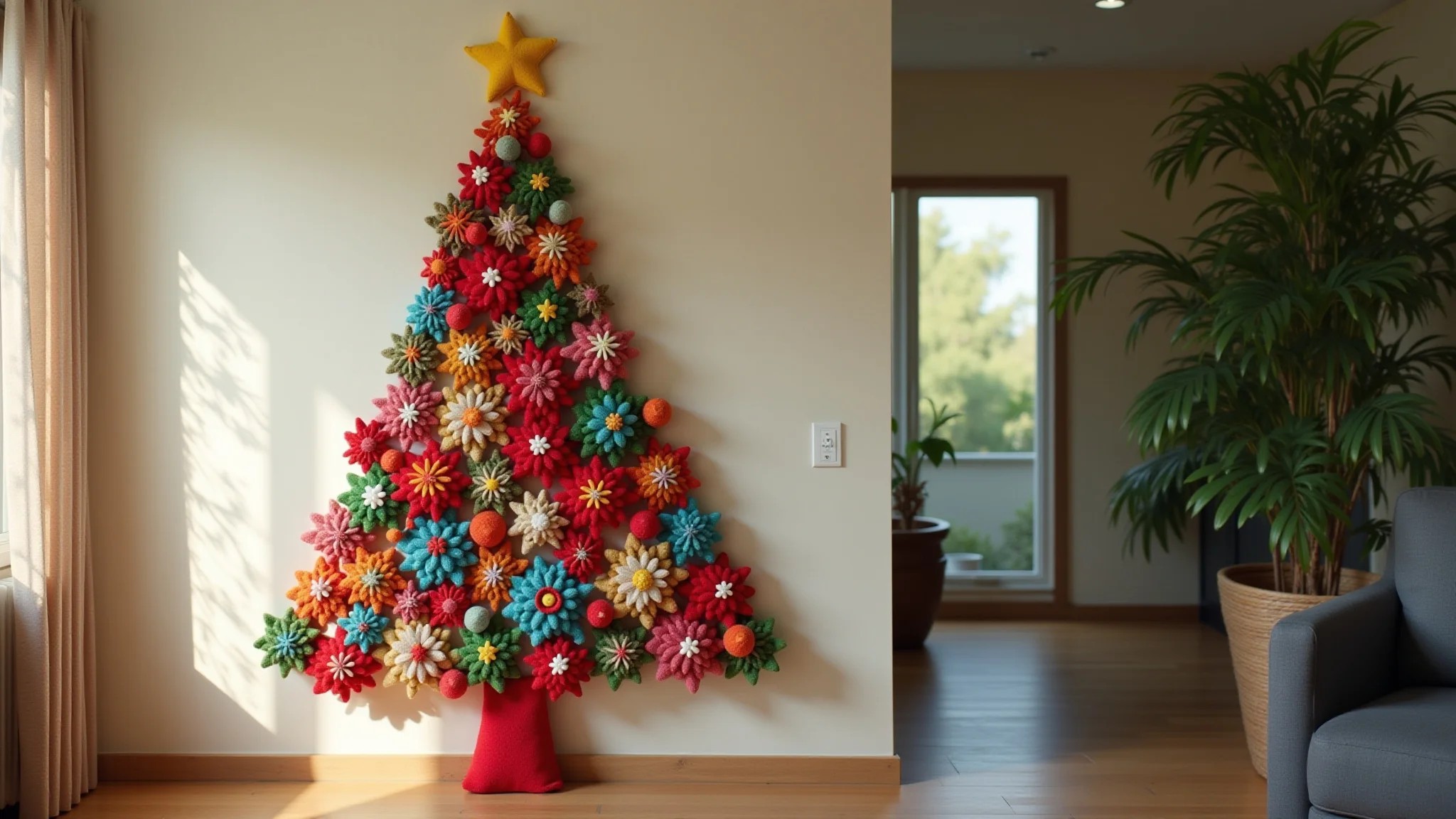Árvore de Natal de parede colorida feita de feltro em casa brasileira aconchegante.