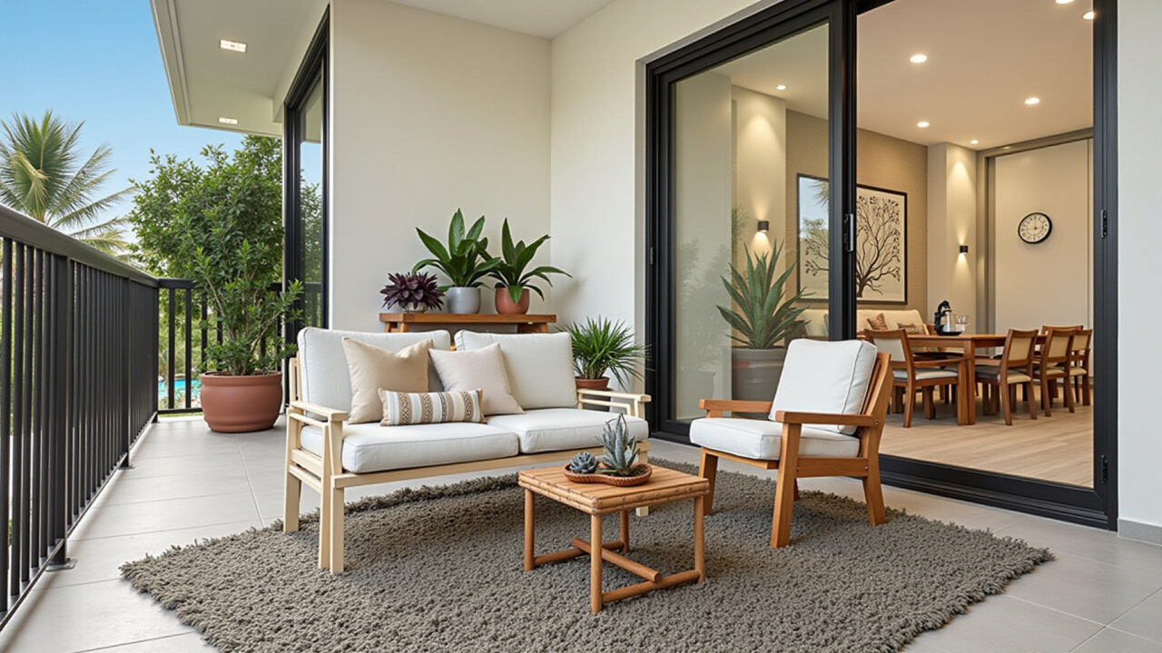 Commercial photography of a comfortable and functional furniture on a double height balcony, Mobiliário confortável e funcional em varanda com pé direito duplo.