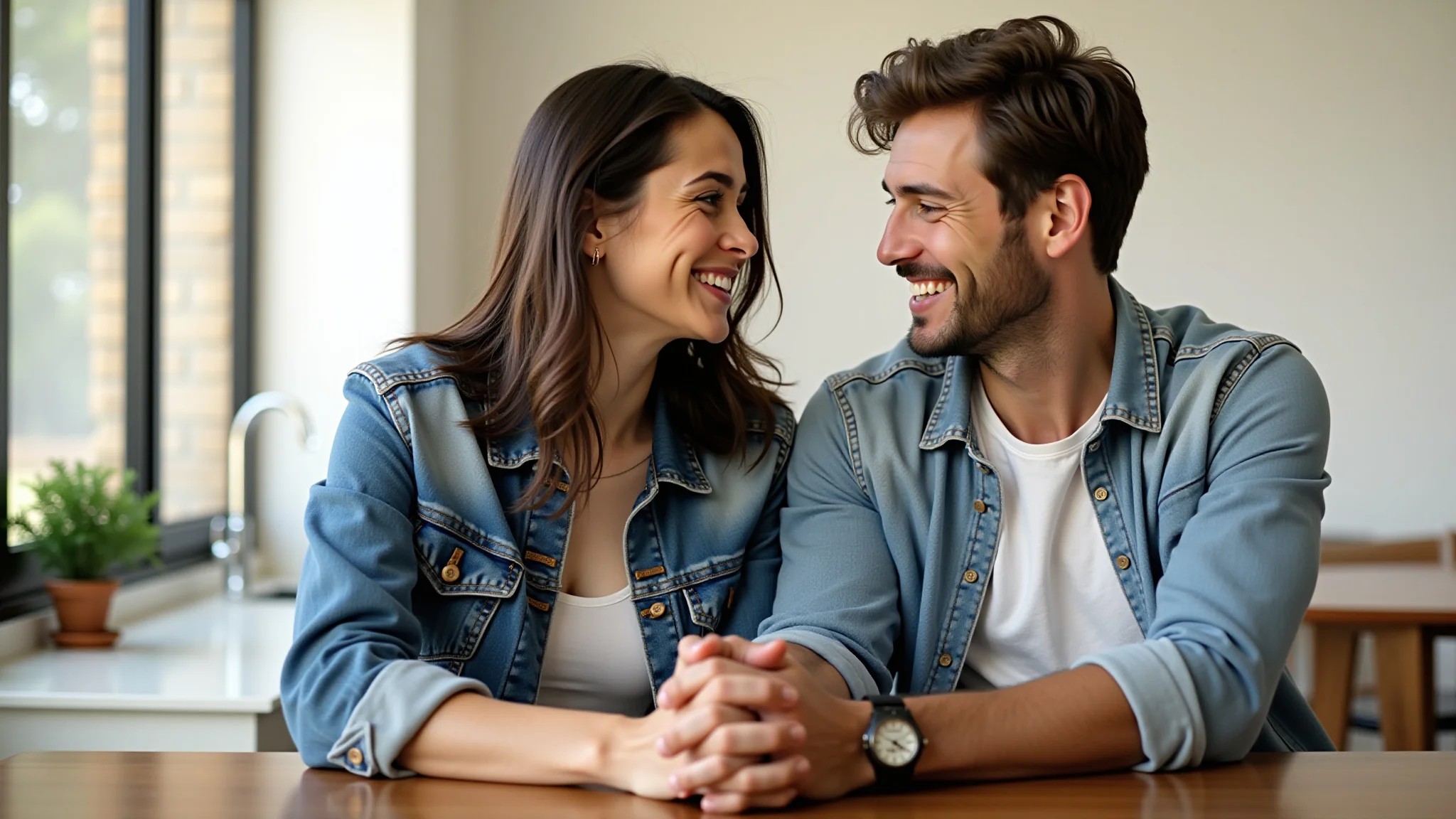 Casal sorrindo e de mãos dadas à mesa em um ambiente Farm Rio.