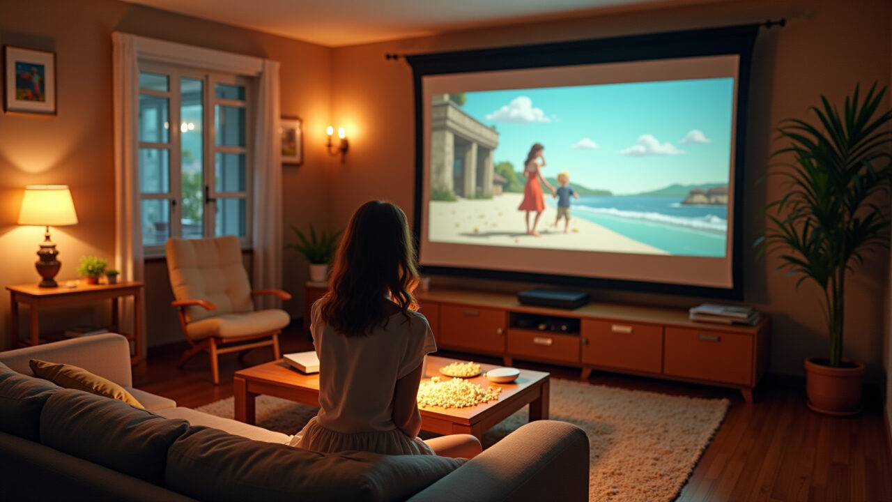 Commercial photography of a cozy living room, Brazilian style, transformed into a home cinema, Mulher preparando noite de cinema em casa para o Dia das Crianças.