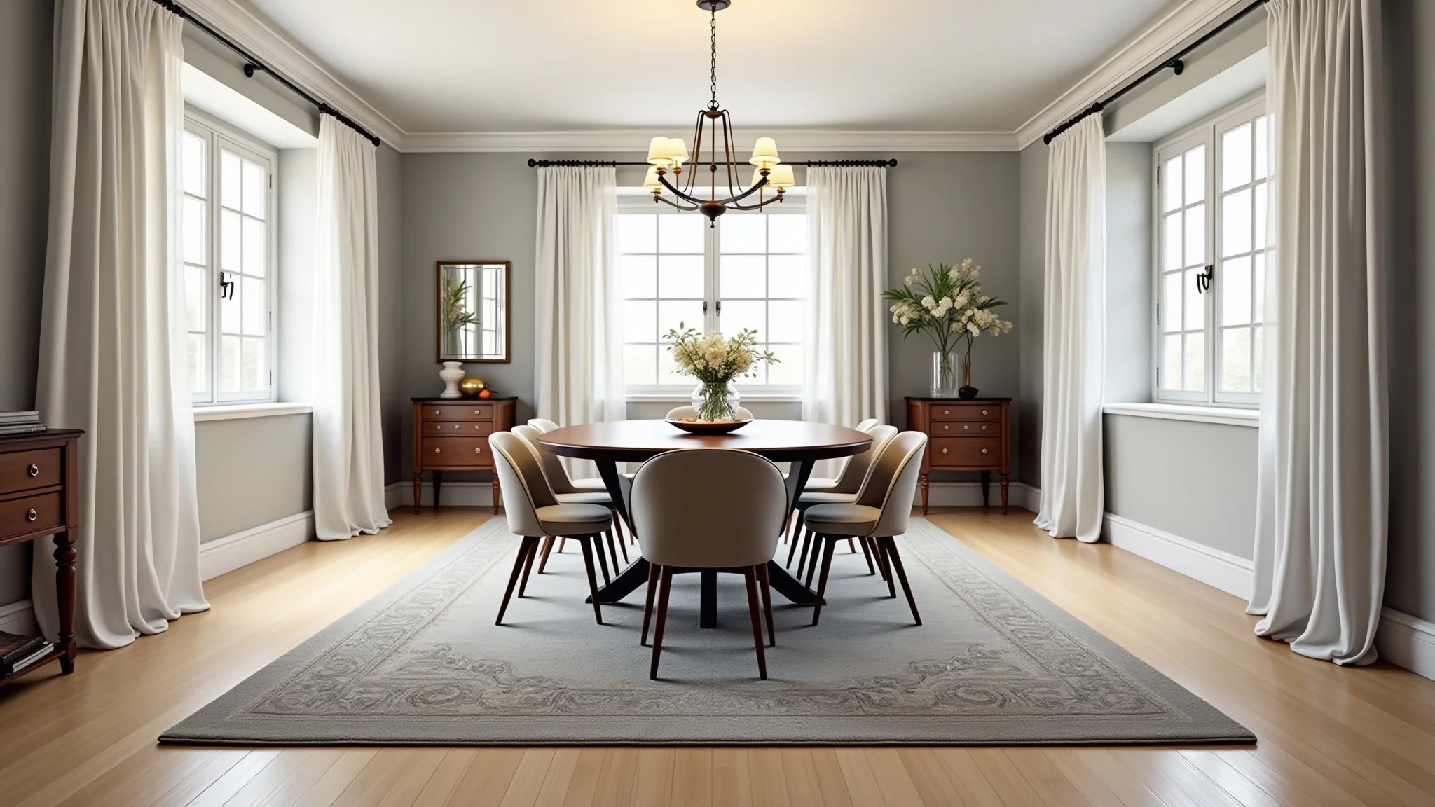 Sala de jantar com tapete que acomoda mesa e cadeiras, mesmo quando puxadas para trás.