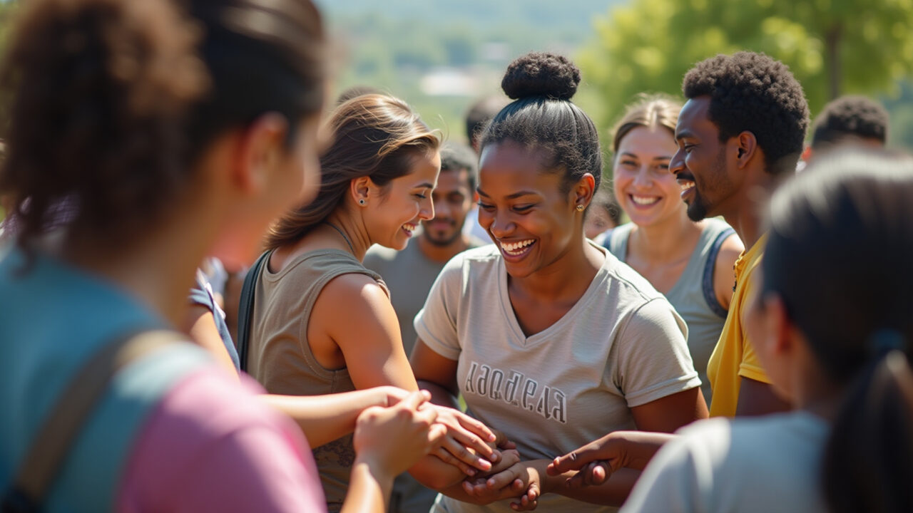 Commercial photography of a diverse group of people helping each other, representing kindness and Grupo diverso de pessoas ajudando umas às outras, simbolizando bondade e compaixão.