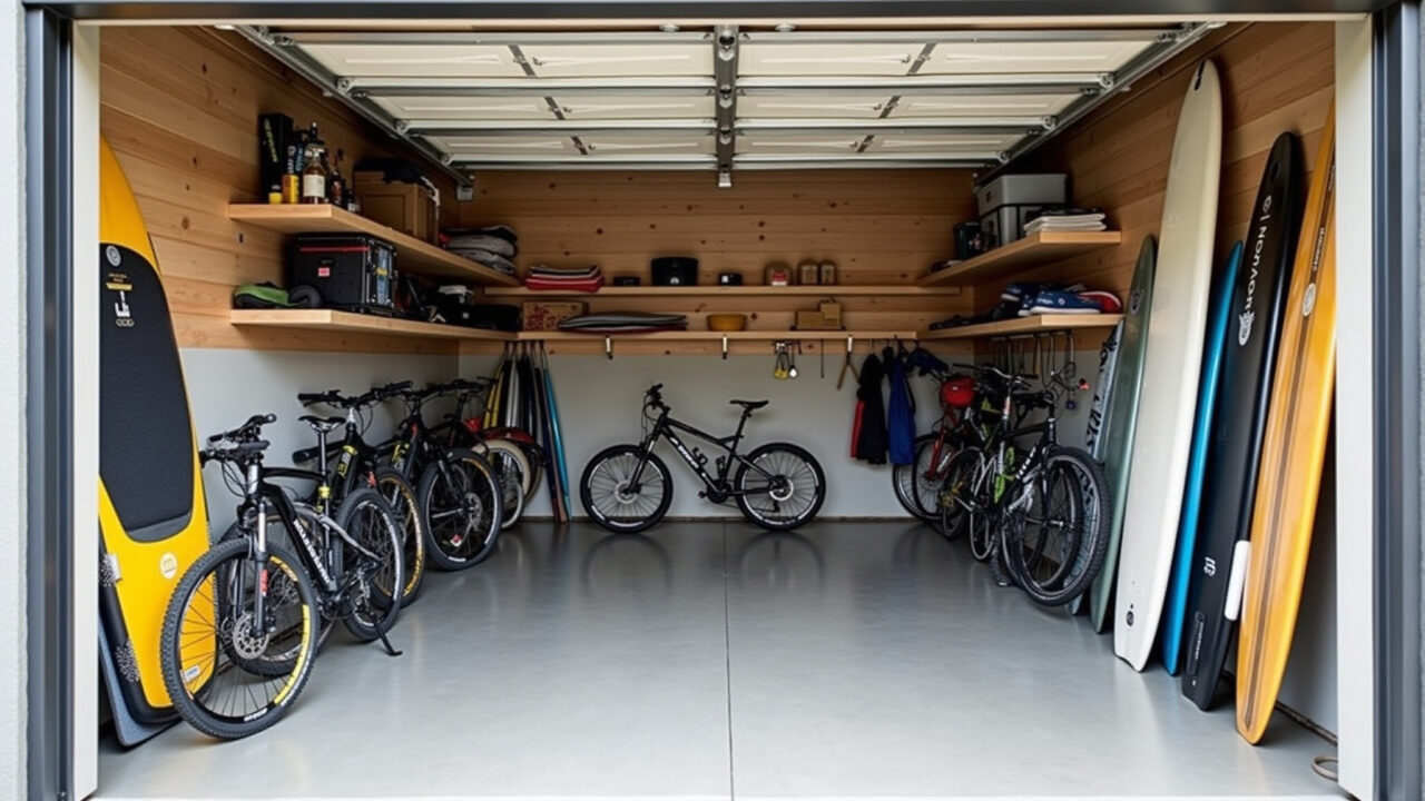 Commercial photography of a double height garage, sports equipment storage, bikes, surfboards. Garagem com pé direito duplo para equipamentos esportivos.