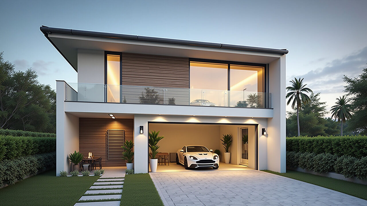 Commercial photography of a double height garage with large windows, excellent ventilation, and a Garagem com pé direito duplo, bem ventilada e iluminada.