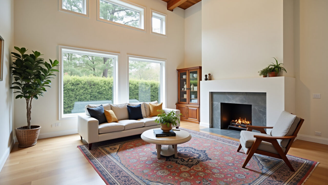 Commercial photography of a double-height living room, fireplace, soft lighting, Brazilian rugs, Sala de estar com pé direito duplo, lareira e iluminação suave.