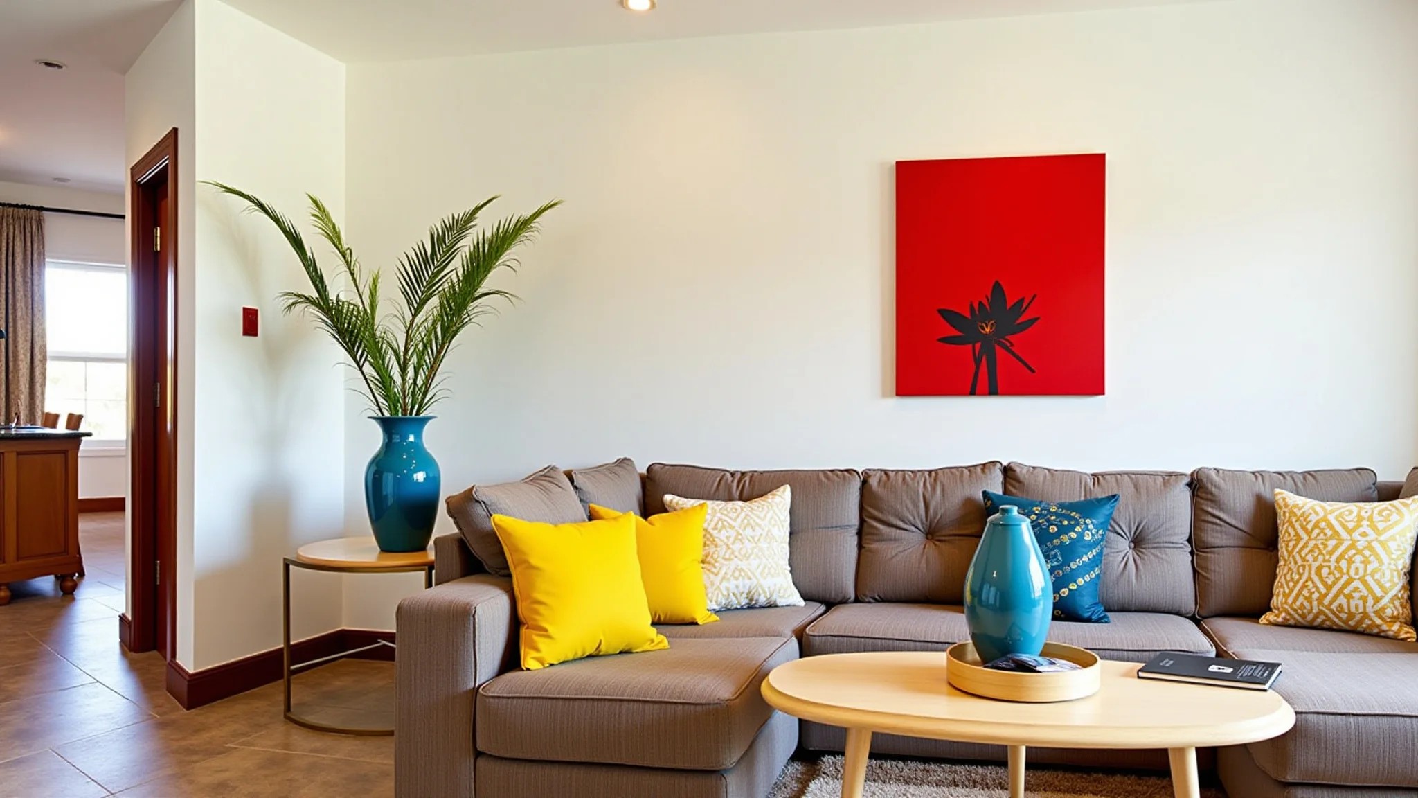 Sala de estar decorada com detalhes em cores primárias: almofadas amarelas, vaso azul, arte vermelha.