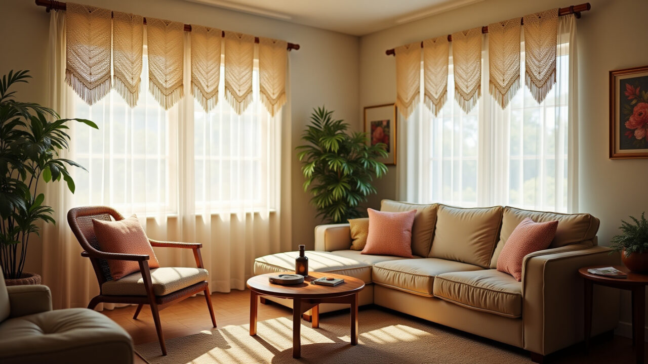 Commercial photography of a living room with macrame curtains filtering sunlight, creating a soft Sala de estar com cortinas de macramê filtrando a luz solar.
