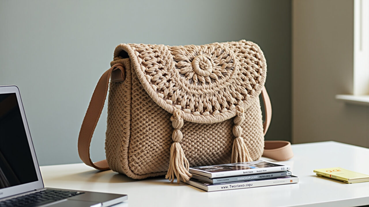 Bolsa carteiro de macramê em uma mesa com livros e laptop.
