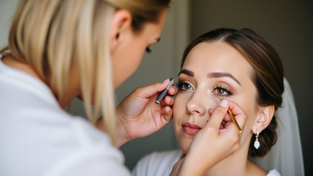 Commercial photography of a makeup artist applying concealer under bride's eyes, natural lighting, Maquiador aplicando corretivo iluminador em noiva.