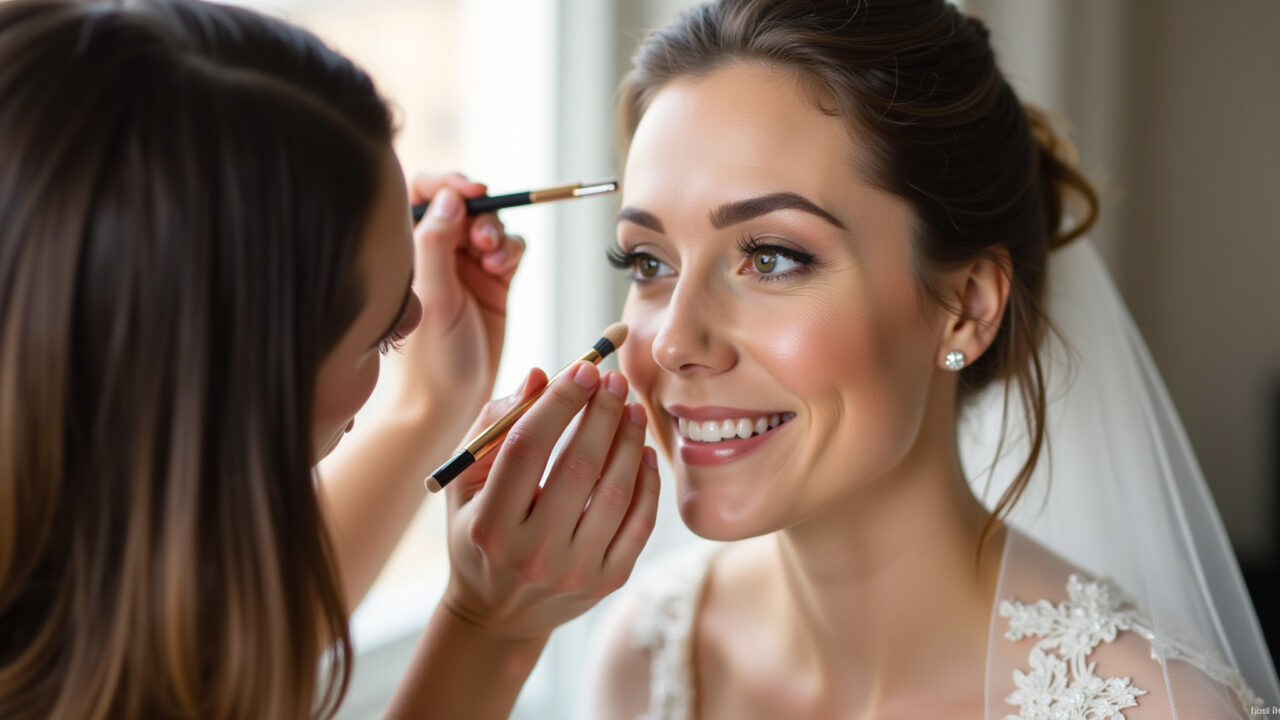 Commercial photography of a makeup artist applying highlighter on bride's cheekbones, natural Aplicação de iluminador em pontos estratégicos do rosto da noiva.