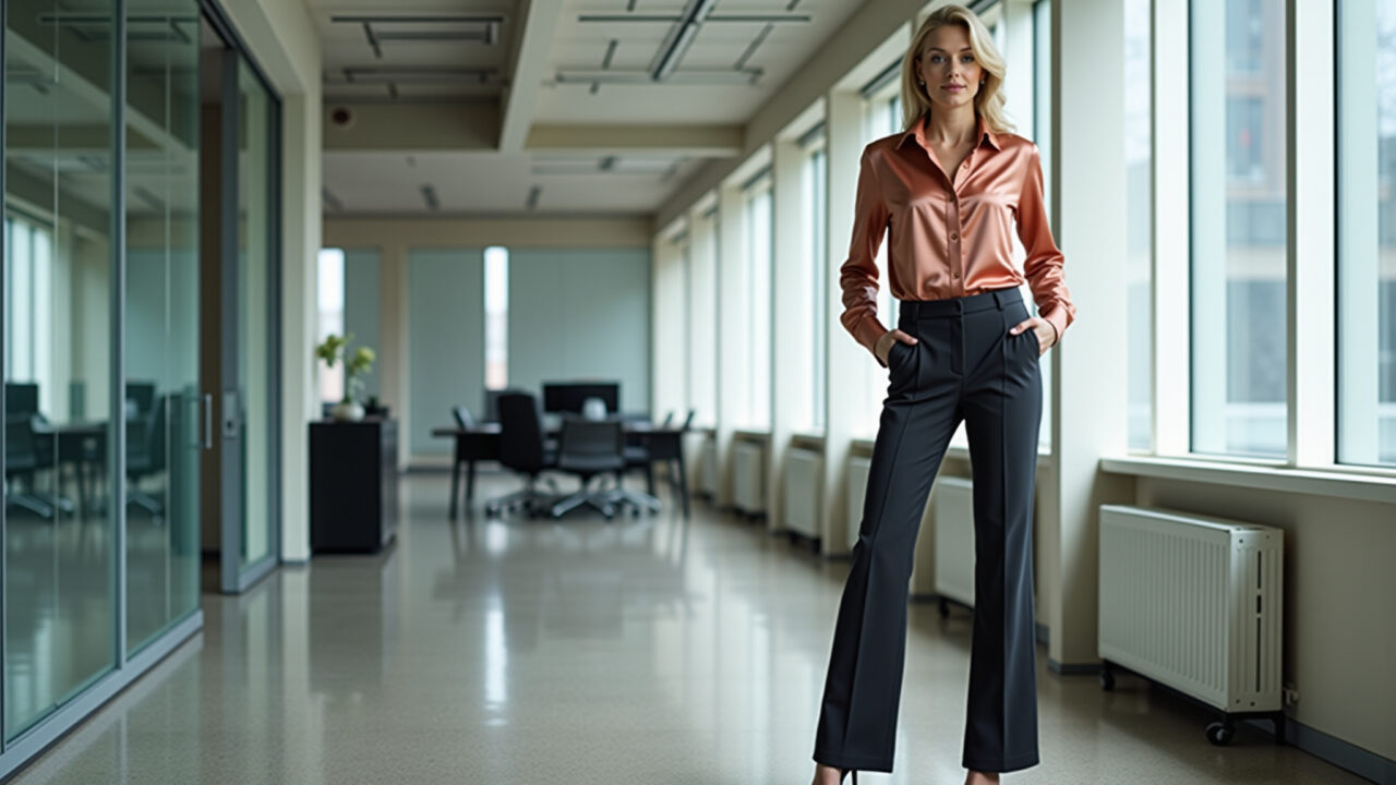 Commercial photography of a mid-age businesswoman in tailored wide-leg pants, silk shirt, pumps, in Elegância no trabalho com calça pantalona de alfaiataria e camisa de seda.