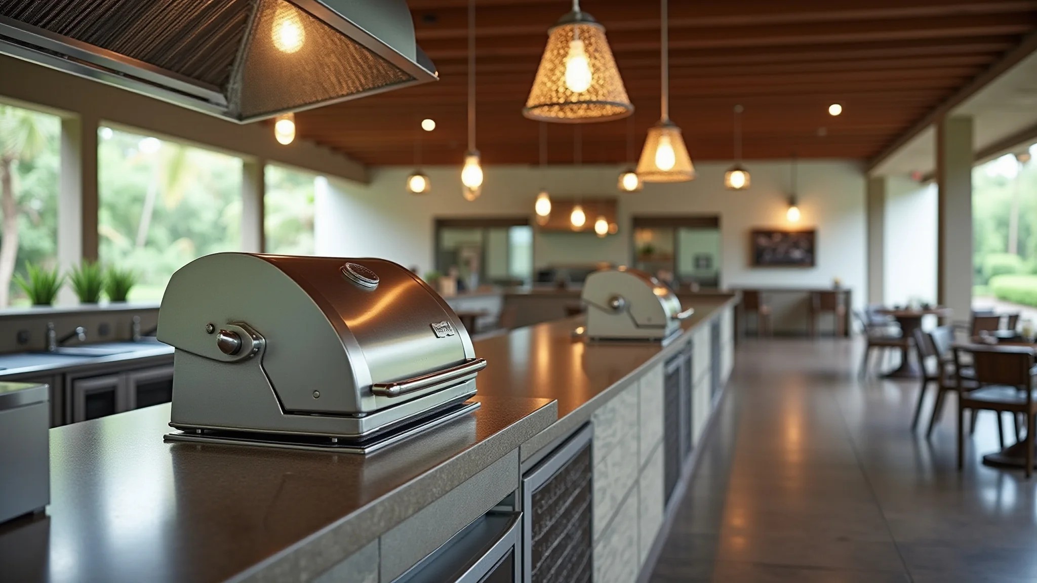 Área gourmet moderna com churrasqueira de inox e iluminação brilhante.