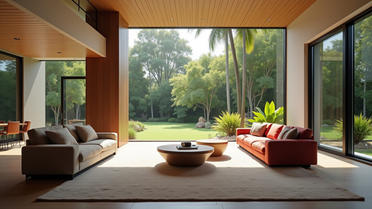 Commercial photography of a modern house interior, double-height ceiling, large windows, view of a Interior de casa moderna com pé direito duplo e vista para jardim exuberante.