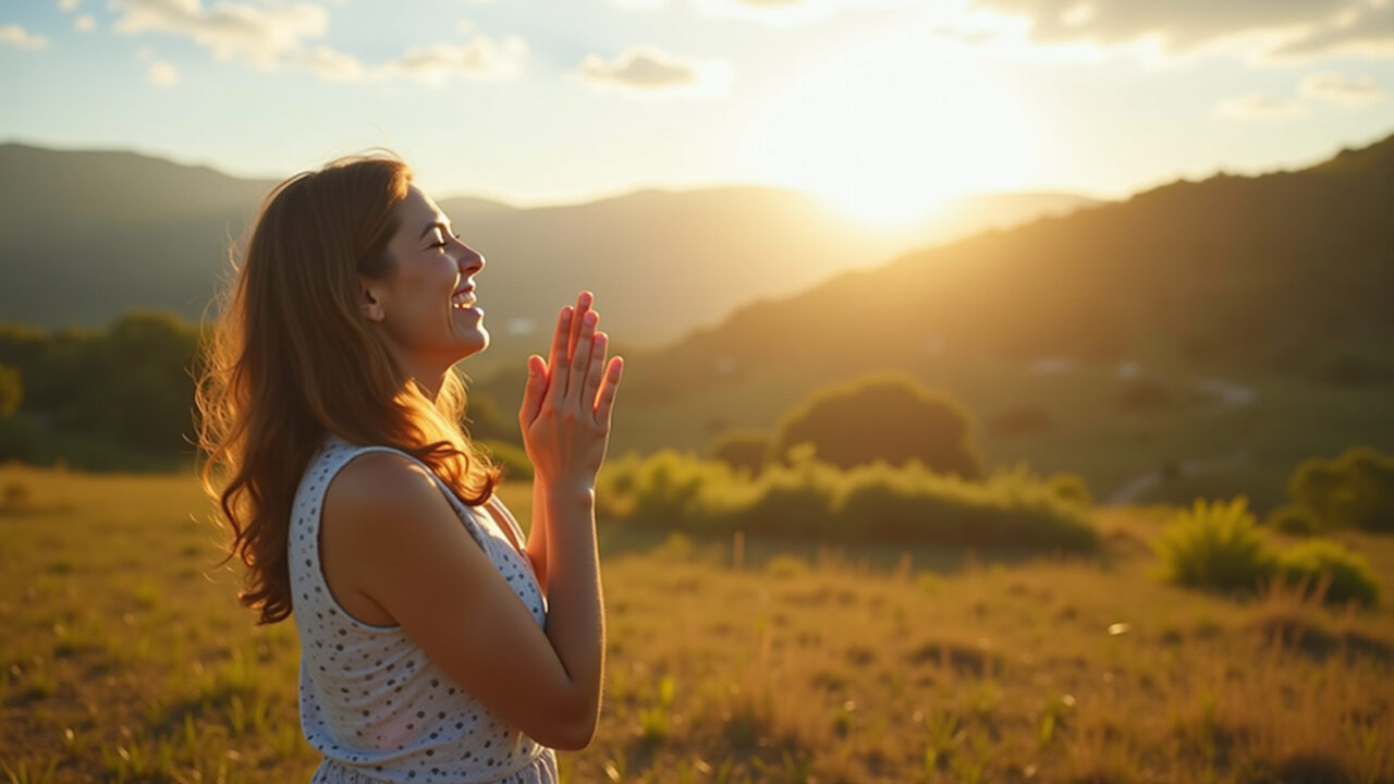 Commercial photography of a person expressing gratitude, appreciating the small things, sunny day, Pessoa expressando gratidão, apreciando as pequenas coisas em um dia ensolarado.