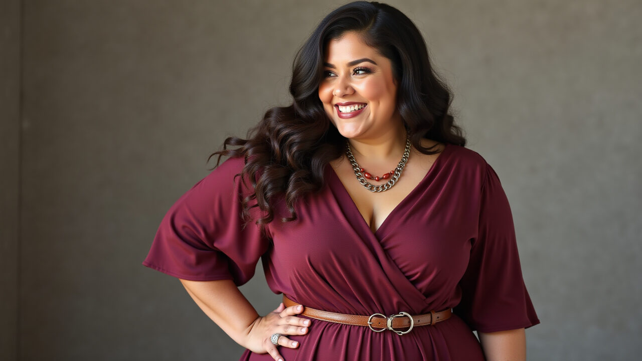 Mulher plus size com vestido marsala, cinto e colar valorizando as curvas.
