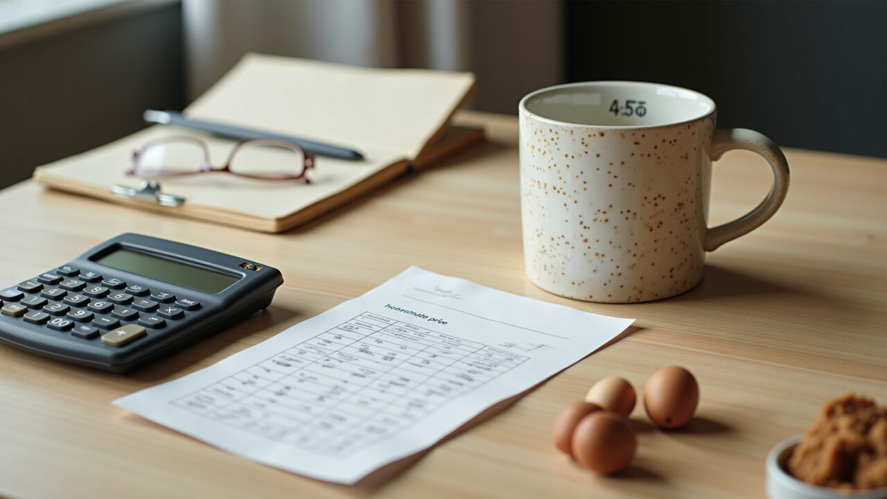 Commercial photography of a price tag calculation for handmade ceramic mug, featuring a notebook, Cálculo de preço justo para caneca de cerâmica artesanal na Elo7.