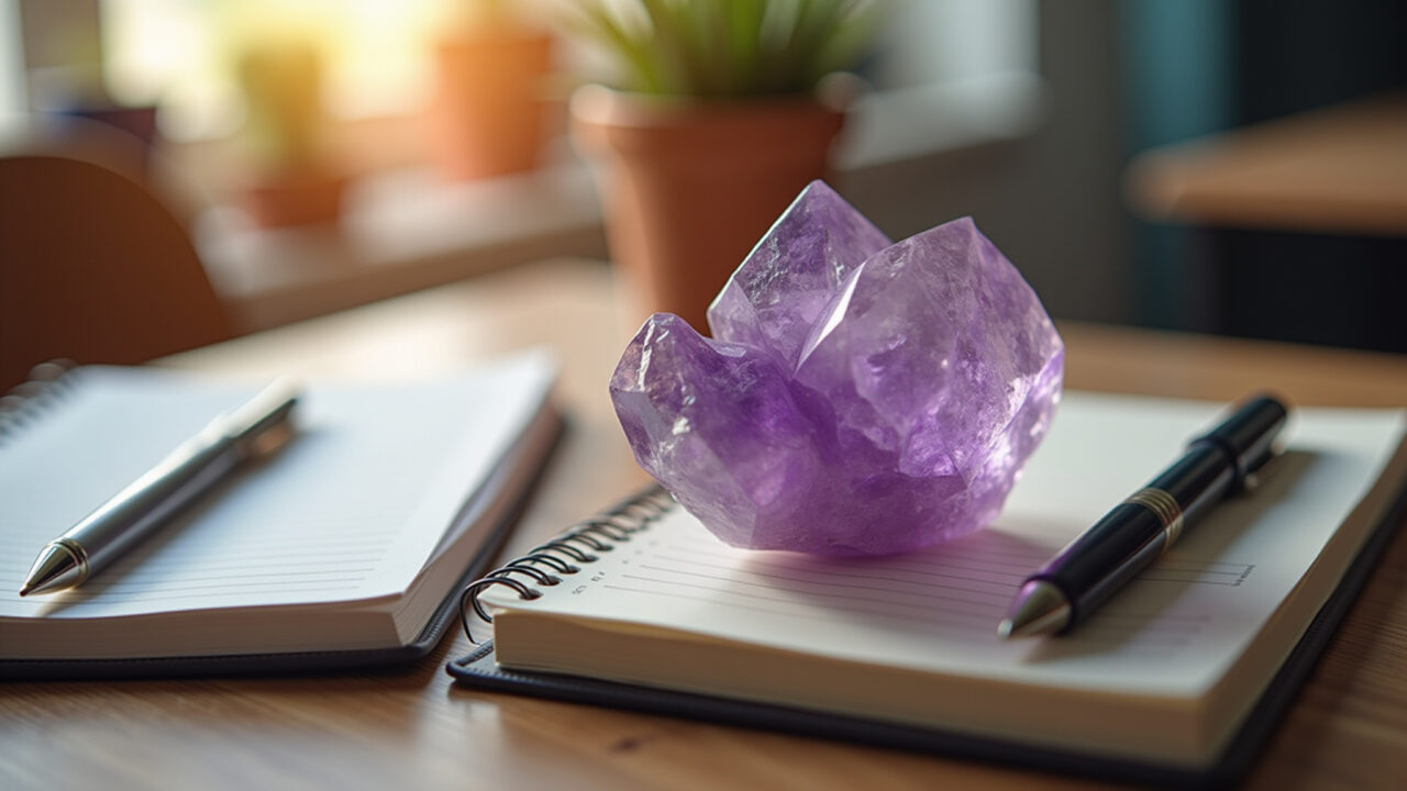 Commercial photography of a purpurite crystal on a wooden table next to a journal and pen, natural Cristal purpurita em mesa de madeira com caderno e caneta.