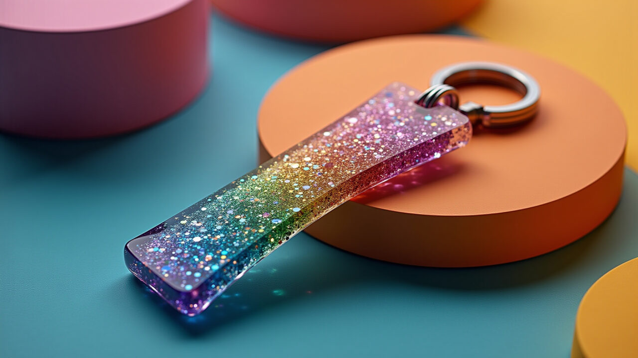 Chaveiro de resina com glitter brilhante e colorido.