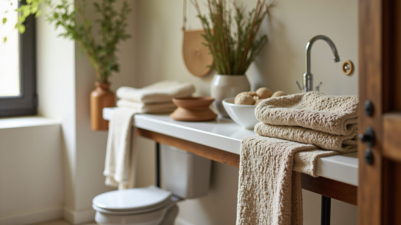 Commercial photography of a rustic bathroom with a towel decorated with natural fiber macrame, Toalha decorada com macramê de fibra natural em um banheiro rústico.