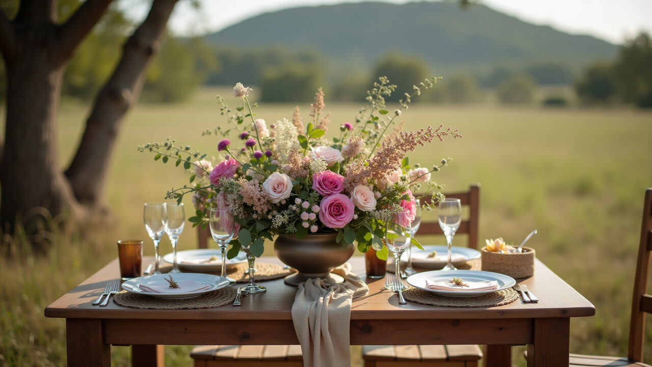 Commercial photography of a rustic outdoor wedding table decorated with wildflowers, Brazilian Mesa de casamento rústico com flores do campo.