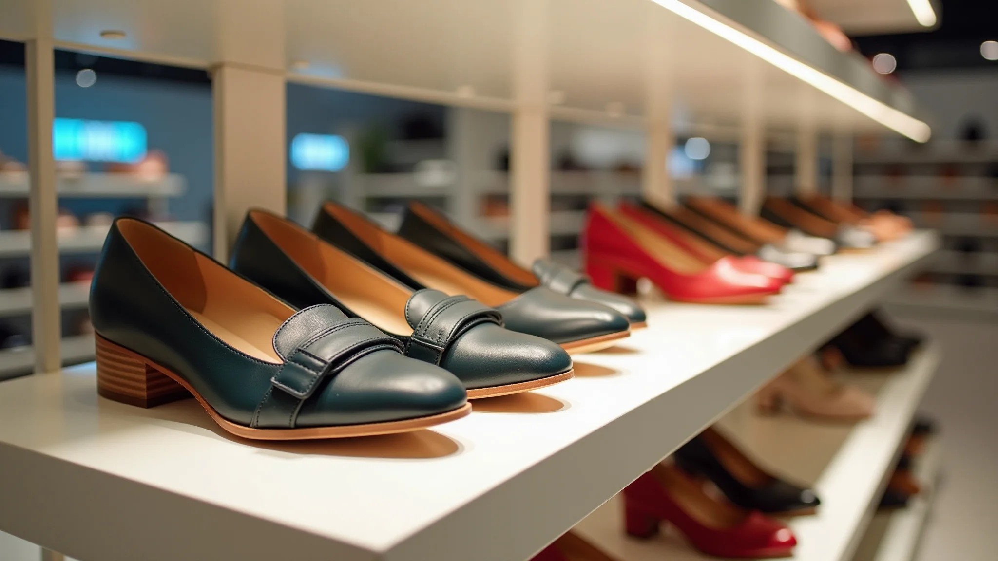 Vitrine de loja de sapatos com modelos confortáveis e elegantes para o trabalho.