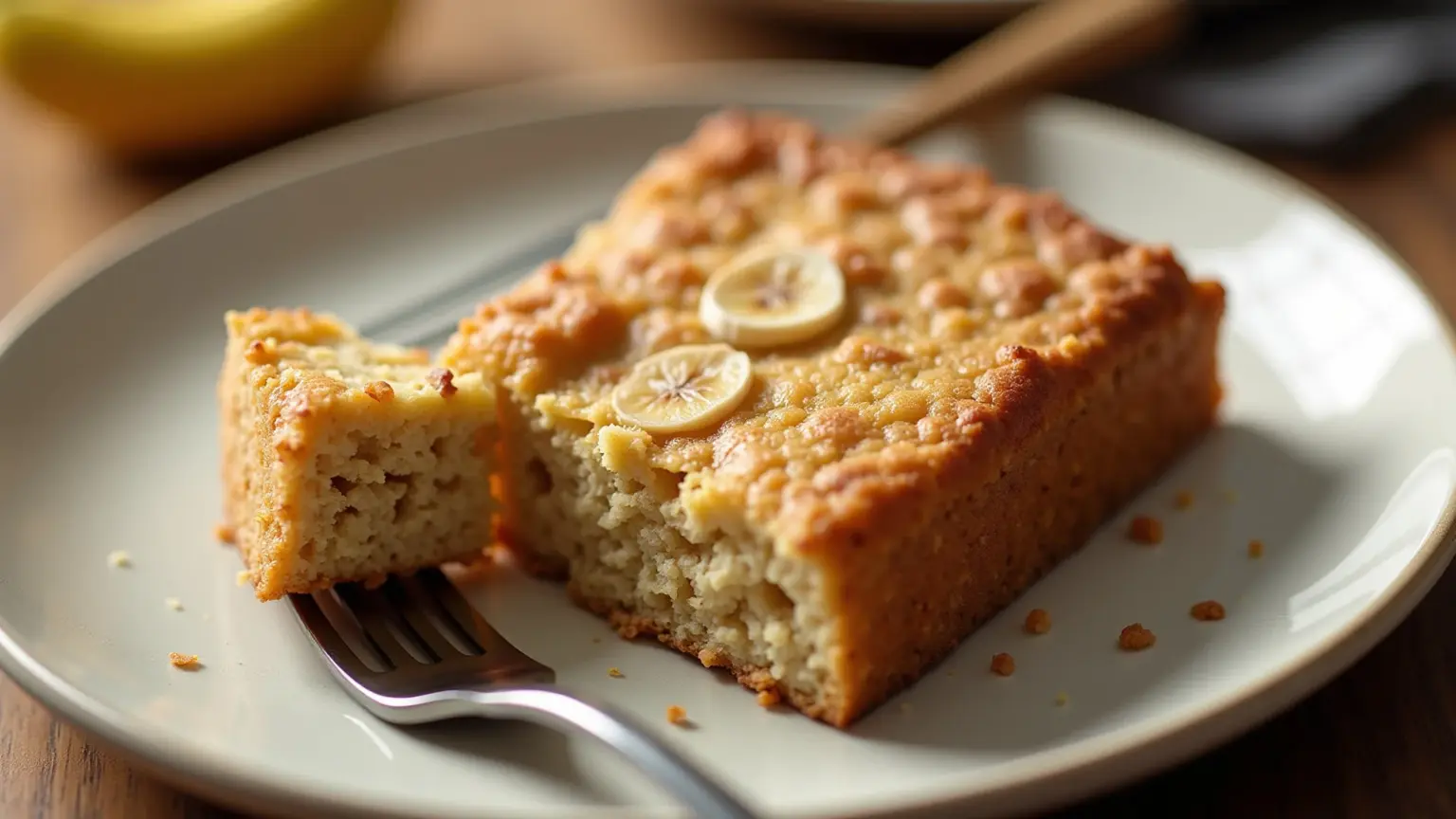 Bolo de banana com aveia fatiado em um prato, textura visível.